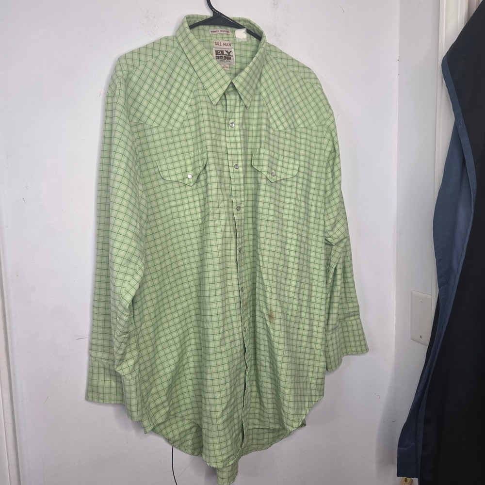 Ely Cattleman Mens Tall Western Shirt Green Plaid Pearl Snap Long Sleeve 18.5x35